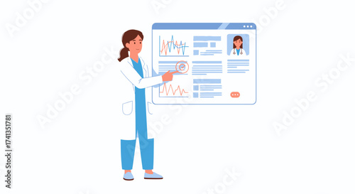 Female doctor in a white lab coat pointing to a patients electronic health record.