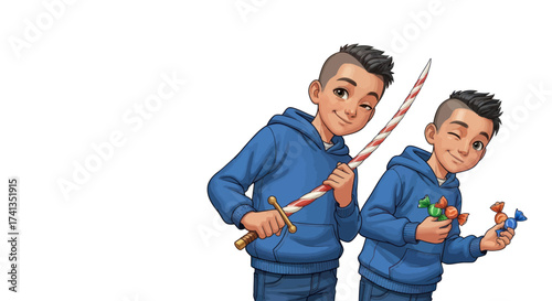 Two Boys in Blue Hoodies One Holding a Toy Sword the Other Holding Toys.