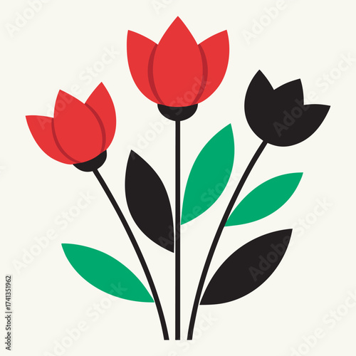 Stylized bouquet of three tulips in red black and green against a cream background, illustration of three red and black tulips with green leaves against a cream background, minimalist floral art.