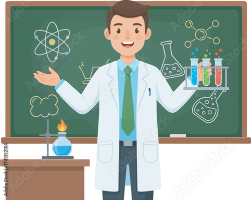 Cartoon scientist in lab coat presents test tubes in front of chalkboard with scientific diagrams.