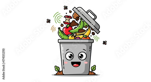 Happy Cartoon Compost Bin Overflowing with Organic Food Waste.