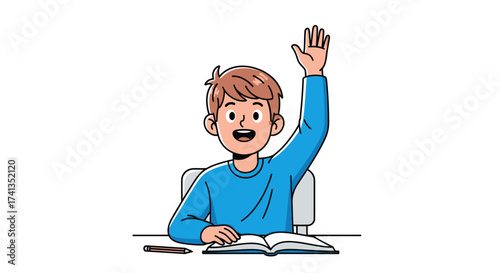 Young boy with brown hair raising his hand in a classroom setting with a book and pencil on the desk.