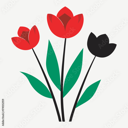 Stylized bouquet of three tulips in red black and green against a cream background, illustration of three red and black tulips with green leaves against a cream background, minimalist floral art.