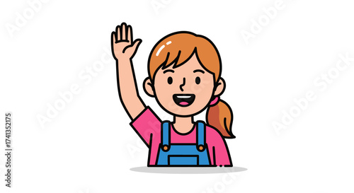 Cartoon Girl with Brown Hair and Blue Overalls Raising Hand.