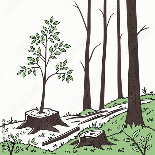 A young sapling grows from a tree stump in a forest clearing surrounded by felled trees and new growth symbolizing renewal and hope after deforestation