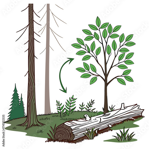 Illustration depicting forest ecosystem dynamics showing a fallen log decomposing and new saplings growing around it with mature trees and a young tree nearby