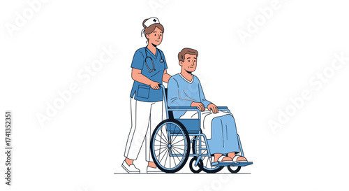 Nurse Assisting Patient in Wheelchair Medical Care Illustration.