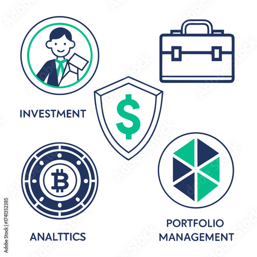 Financial icons representing investment portfolio management analytics and secure dollar sign for business growth and wealth building