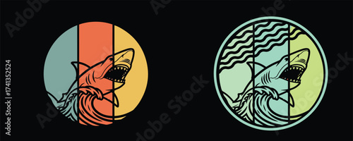 Two circular emblems featuring a shark leaping from the water with stylized waves bundle design