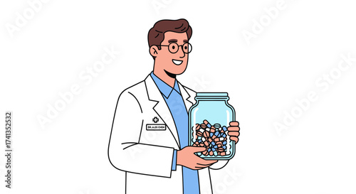 Smiling Male Scientist Holding Jar of Colorful Pills and Medications.