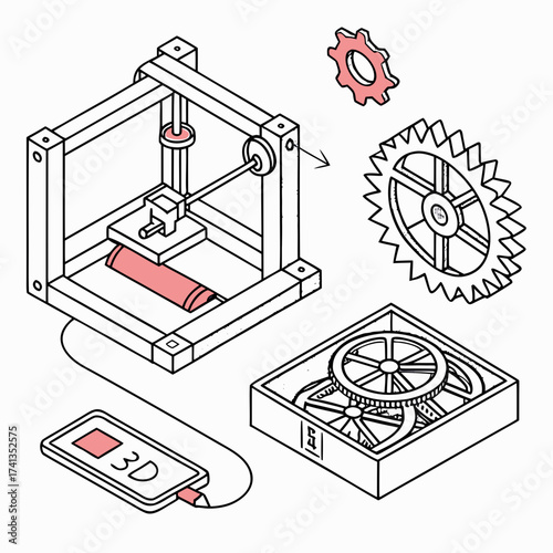 Conceptual illustration of a 3d printer and its components including gears and a smartphone interface for design and manufacturing processes
