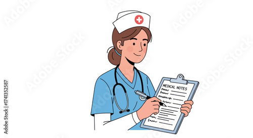 Nurse taking medical notes on a clipboard wearing uniform and cap.