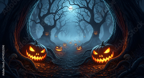 A Happy Halloween Scene With Spooky Jack O Lanterns In A Dark And Misty Haunted Forest At Night