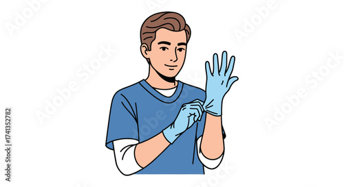Young man in blue scrubs putting on light blue medical gloves.