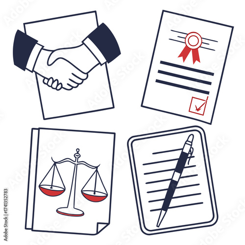 Conceptual illustration of legal and business agreements including a handshake a signed contract scales of justice and a document with a pen