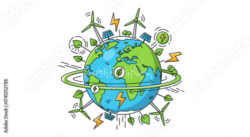 Colorful Hand-Drawn Earth Surrounded by Renewable Energy Sources.