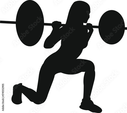 Silhouette of a woman performing a barbell lunge exercise in a gym for strength training