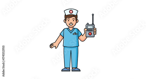 A friendly cartoon male nurse in a blue scrubs uniform holding a walkie-talkie radio.