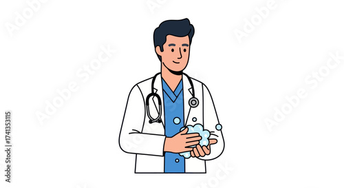 Cartoon Doctor Holding Medical Supplies Wearing Stethoscope.