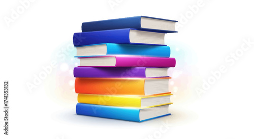 Stack of colorful hardcover books with white pages.