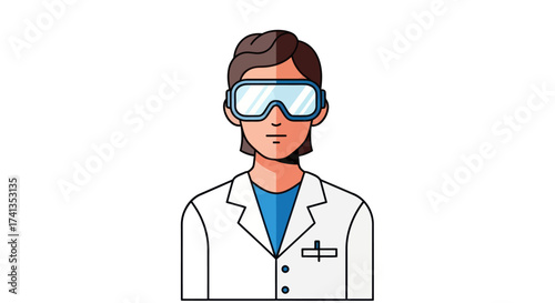 Illustrated portrait of a scientist wearing a white lab coat and large safety goggles.