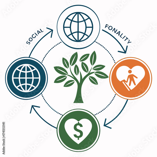 Conceptual diagram illustrating the interconnectedness of social responsibility global impact financial well being and community welfare through a sustainable growth model