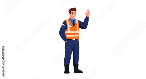 Smiling Cartoon Man in Orange Safety Vest and Blue Uniform Raising Hand.