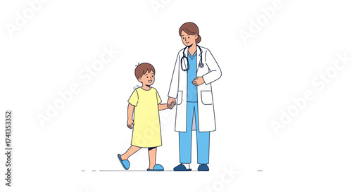 Doctor and Child Patient: Medical Professional Guiding Young Boy in Hospital Gown.
