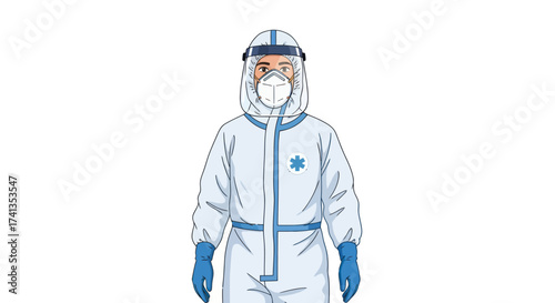 Medical Professional in Full White Hazmat Suit with Face Shield and Respirator Mask.