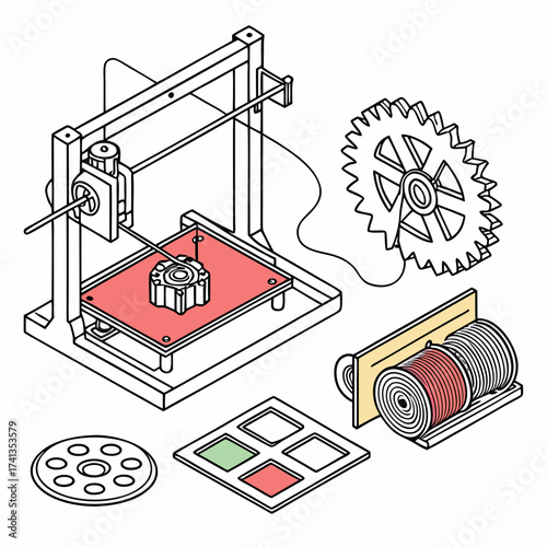 An isometric line drawing illustration of a 3d printer in action creating a complex gear alongside filament spools and a color palette
