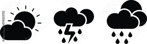 Set of three black weather icons depicting sunshine behind a cloud a thunderstorm and rain