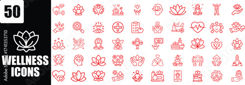 Collection of 50 Red Line Art Icons Representing Wellness and Health