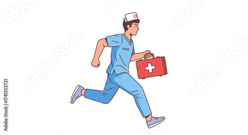 Cartoon male medic in blue uniform and cap rushing with a first aid box.