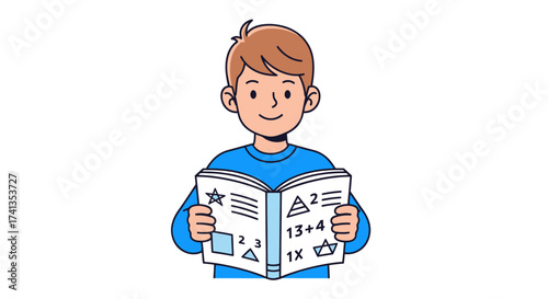 Young boy engrossed in reading an educational book with math and shapes.