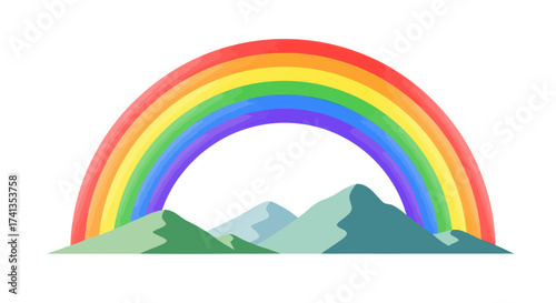 Colorful Rainbow Arches Over Green Mountain Peaks Illustration.