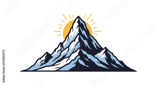 Majestic snow-capped mountain peak illuminated by a radiant sun.