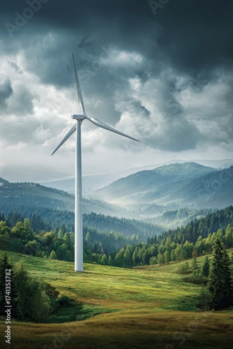 Wind Turbine in Green Mountain Landscape Under Dramatic Cloudy Sky