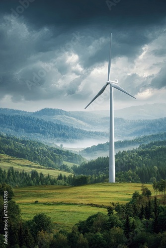 Wind Turbine Standing in Lush Green Hills Under Dramatic Cloudy Sky
