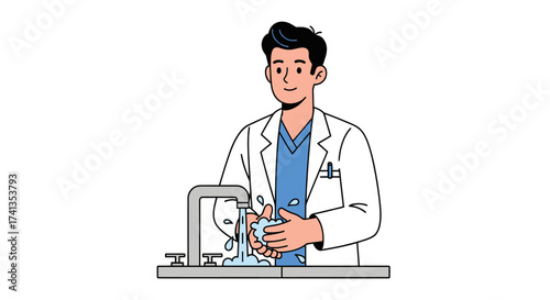 Doctor Washing Hands in a Sink Hygiene Illustration.