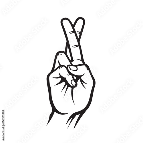 A hand with fingers crossed isolated on white background, symbolizing hope, luck, or a wish, rendered in a clean, minimalist black and white vector illustration style
