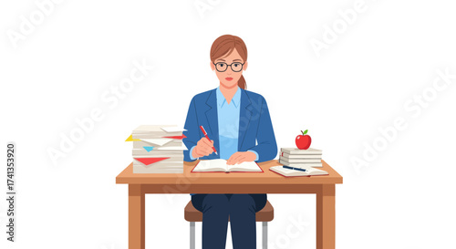 Female Teacher at Desk with Books and Apple Holding Pen.