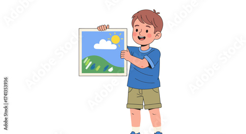 Young boy proudly displays his colorful landscape drawing.