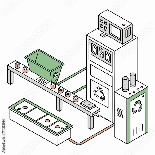 Isometric illustration of an automated recycling plant with conveyor belts and processing machinery for waste management and material recovery