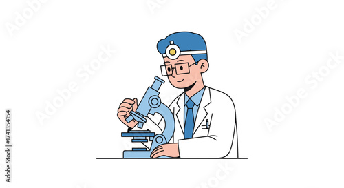 Cartoon illustration of a male doctor or scientist in a lab coat looking through a microscope.
