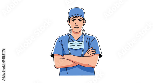 Confident Male Surgeon in Scrubs with Crossed Arms.