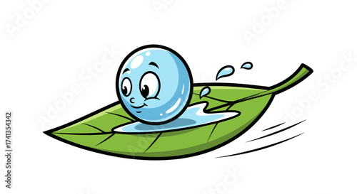Cute cartoon water droplet character sailing on a green leaf boat.