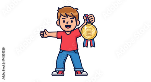 Happy cartoon boy holding gold medal with ribbon and giving thumbs up.