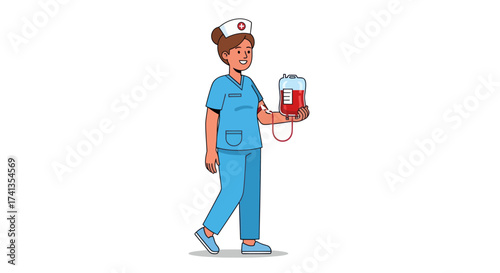 Cartoon Nurse in Blue Uniform Holding Blood Bag.