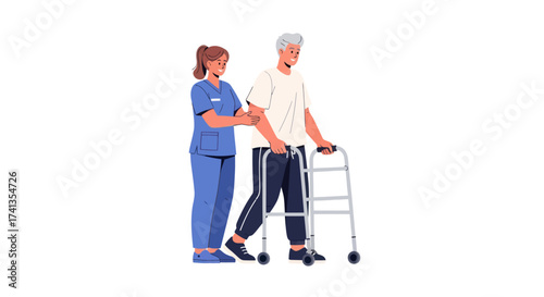 Female Caregiver Assisting Elderly Man with Walker for Mobility Support.