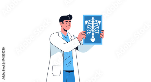 Doctor Examining X-ray of Human Rib Cage and Spine.